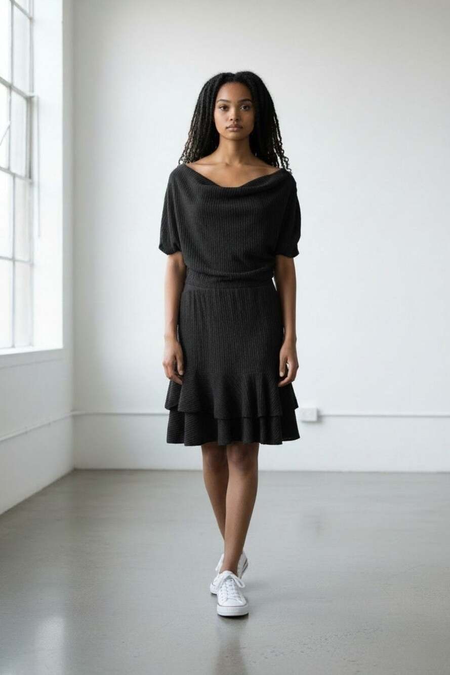 SOLERSUN Women's Textured‎ Asymmetrical Cowl Neck Ruffle Hem Mini Dress 0X